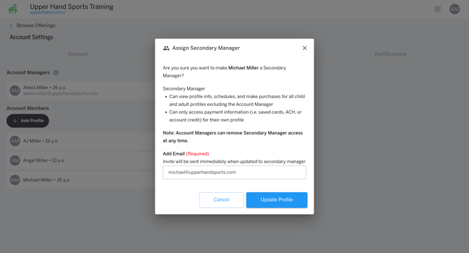 Assign Secondary Manager Modal (email required)